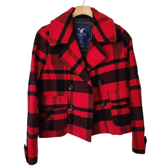 American Eagle Red Black Plaid Wool Peacoat Fall Winter Preppy Cabincore Cozy - Picture 1 of 11